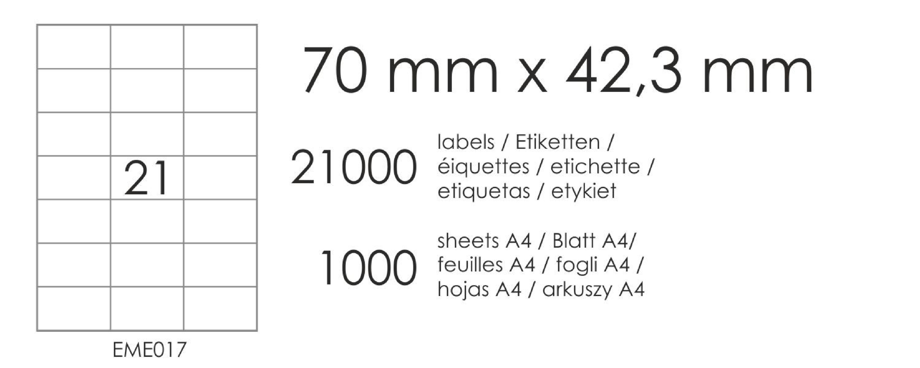 Etykiety samoprzylepne EME17 70x42,3 (21) 1000A4 Etykiety samoprzylepne EME17 70x42,3 (21) 1000A4